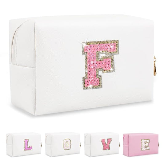 Small Initial Patch Makeup Bag Personalized Gifts Make Up Bag,White Cute PU Leather Glitter Letter Cosmetic Bag with Zipper,Trendy Portable Travel Toiletry Pouch,Preppy Stuff for Teen Girls Women F