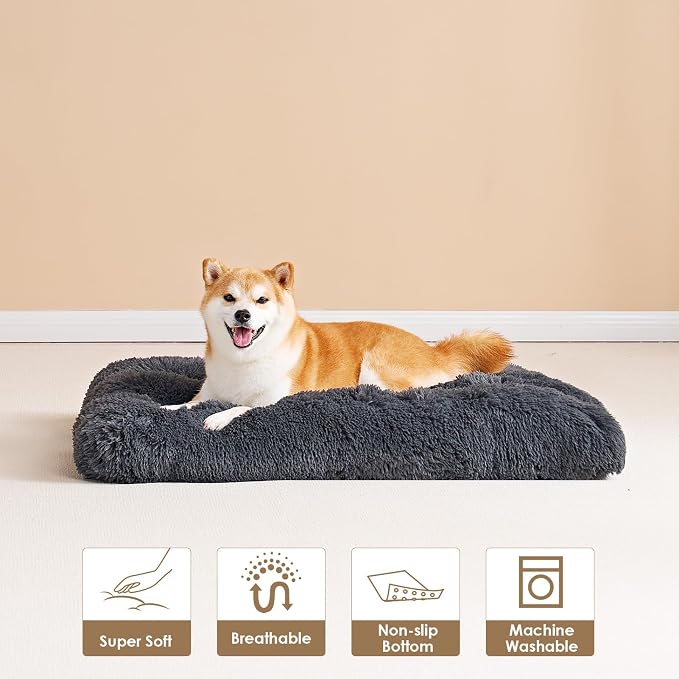 EHEYCIGA Fluffy Dog Crate Bed for Large Dogs, Plush Faux Fur Pad, Dark Grey | Calming Anti Anxiety Large Dog Crate Bed, Washable Soft Warm Mat with Non-Slip Bottom