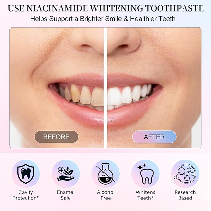Niacinamide Whitening Toothpaste, 2 Pack Intensive Stain Removal Toothpaste for Yellow Teeth, Gum Care, Fresh Mint & Peach Breath, Tartar Control, Deep Clean for Men and Women, 3.5oz