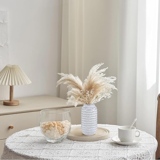 Ceramic Vase for Flowers – Modern Small Ribbed Textured Flower Vase for Home Decor, Pampas Grass, Decorative, Farmhouse, Coffee Table, Kitchen Centerpieces, Bookshelf and Home Living (Glaze White)