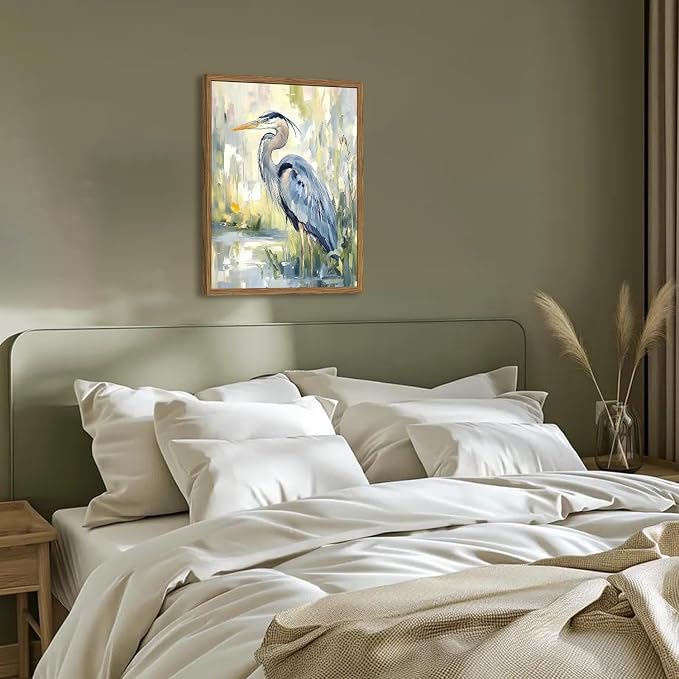 Framed Blue Heron Wall Art, Watercolor Sea Bird Pictures Wall Decor, Coastal Nature Wildlife Animal Paintings Canvas Prints for Living Room Bedroom Bathroom Office Home Decor 12x16 inch