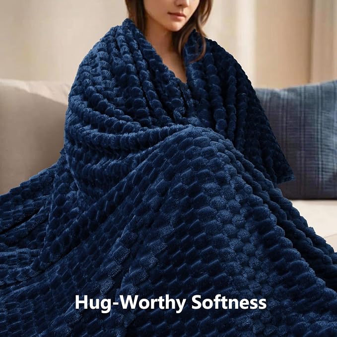 Vessia Flannel Fleece Throw Blanket(50x70 inch), 3D Jacquard Navy Blue Fuzzy and Warm Blanket for Couch, Sofa, Bed, Chair, 300GSM Super Soft Touch Cozy Lightweight Throw for All-Season Home Decor