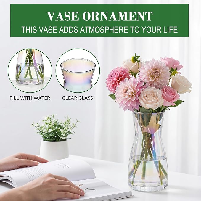 8 inch Glass Flower Vases for Flower 2 Pack,Colorful Glass Vases | Vases for Centerpieces Table,Flower Bouquet Decoration,Wedding Decor Gift,Birthday,Living Room