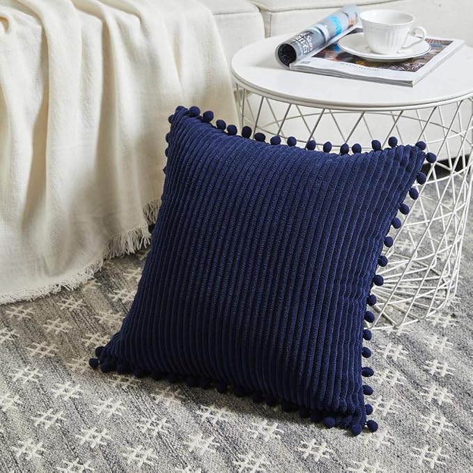 Fancy Homi Pack of 2 Decorative Throw Pillow Covers with Pom-poms, Soft Corduroy Solid Square Cushion Case Pillow Cases Set for Couch Sofa Bedroom Car Living Room (22x22 Inch/55x55 cm, Navy Blue)