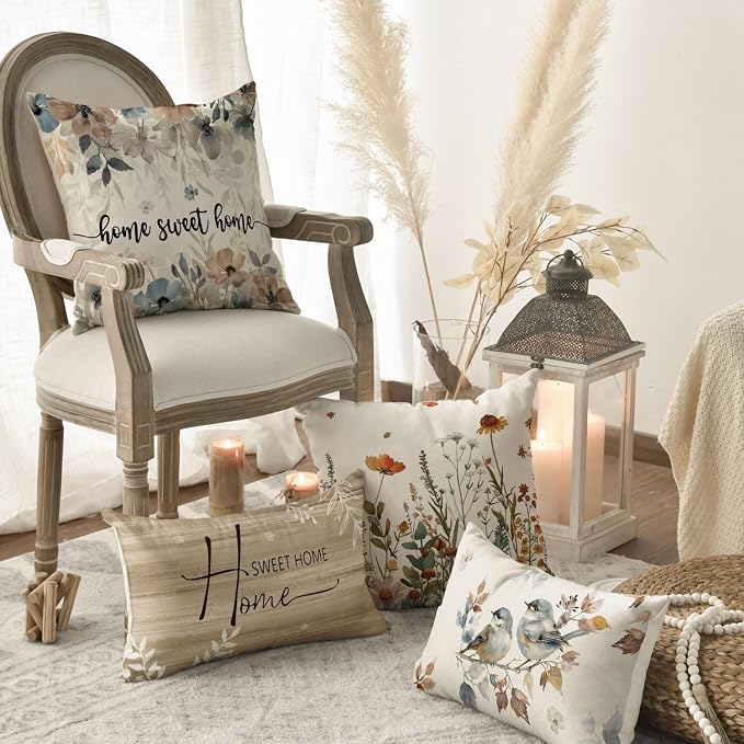 AVOIN colorlife Chinoiserie Poppy Flowers 12x20 Inch Pillow Covers Set of 4 | Chickadee Home Sweet Home Floral Seasonal Autumn Harvest Decoration for Sofa Couch Farmhouse Living Room Decor