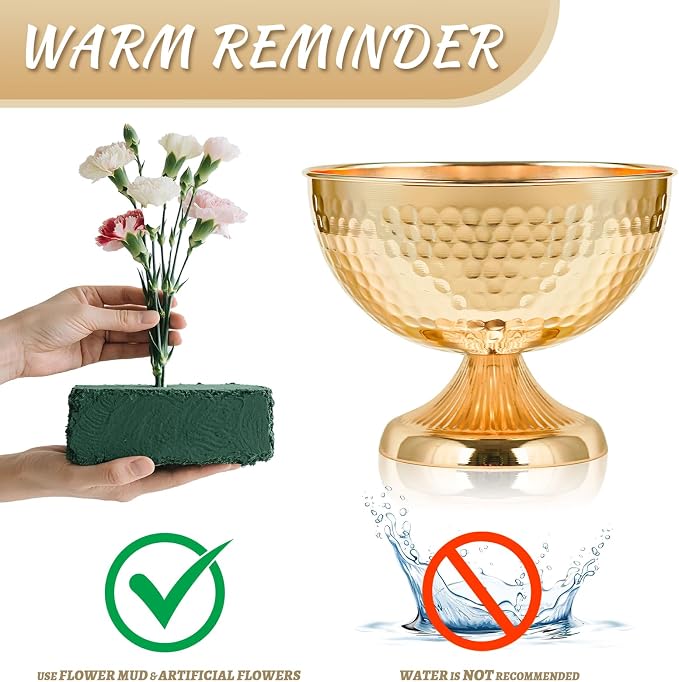 Metal Urn Vases for Centerpieces - 6.3" Tall Flower Pot Planters, Wedding Table Decor, Party Reception, Home Floral Arrangement (2, Gold)