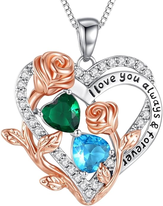 I Love You Birthstone Necklace, 925 Sterling Silver Heart Pendant with CZ Diamond Stones, Birthday Gifts for Women, Romantic Gift for Wife, Girlfriend, Her, Anniversary, Valentine's Day, Christmas