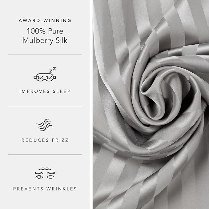 Fishers Finery 25mm 100% Pure Mulberry Silk Pillowcase (Gray Stripe Standard)