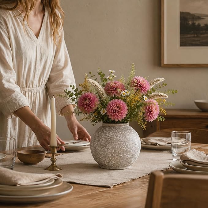 Ceramic Flower Vase, 5.5 Inch Round Textured Vase for Home Decor | Handmade ceramic vase with unique textured design, perfect for living room shelves, tables, centerpieces and farmhouse decor.