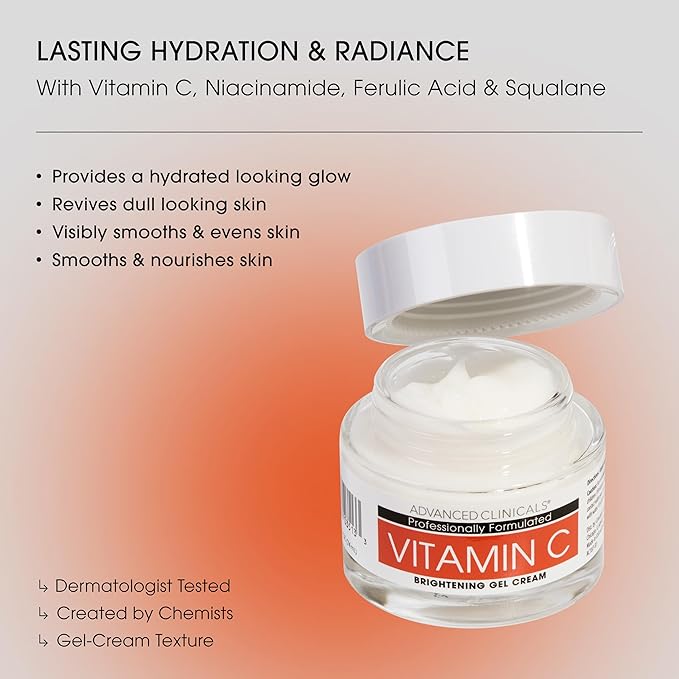 Advanced Clinicals Brightening Vitamin C Body Cream + Potent Vitamin C Face Moisturizer Gel Cream 2pc Skincare Set For Women & Men To Diminish Appearance Of Dark Spots, Wrinkles, & Dry Skin, 2pc Set