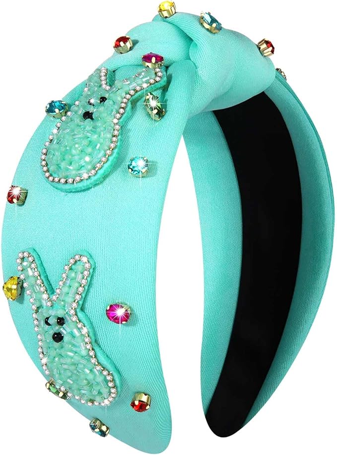 mokkia Easter Headbands Beaded Rabbit Bunny Headband for Women Pink Spring Knotted Headband Easter Hair Accessories Gifts