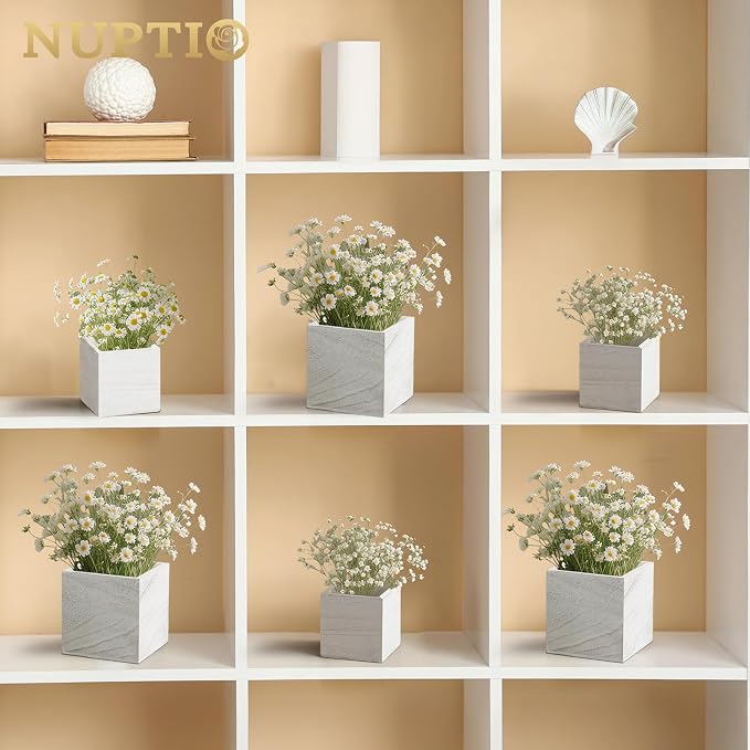 NUPTIO Small Wooden Box for Centerpiece, Whitewashed, Square, 4"/5", 12 Pcs | Farmhouse Wood Vases Planter, for Fall Decor, Windowsill, Home, Garden