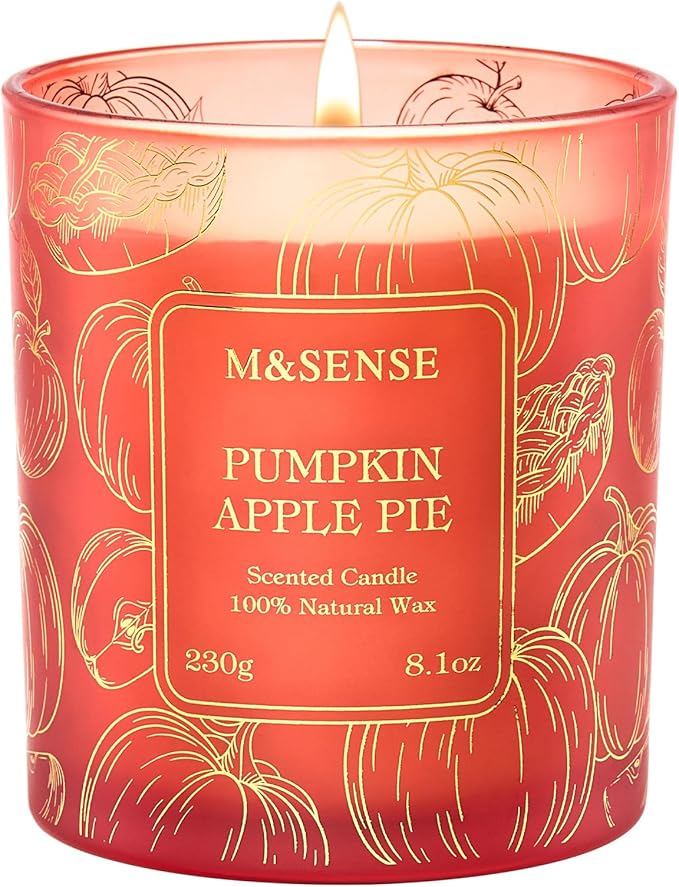 M&SENSE Pumpkin Apple Pie Candle, 8.1oz Gilded Glass Harvest Gift | 42H Slow Burn, Soy Wax, Gilded Glass Jar, Sensitive-Safe, Warmer Friendly, Reusable Candy Jar