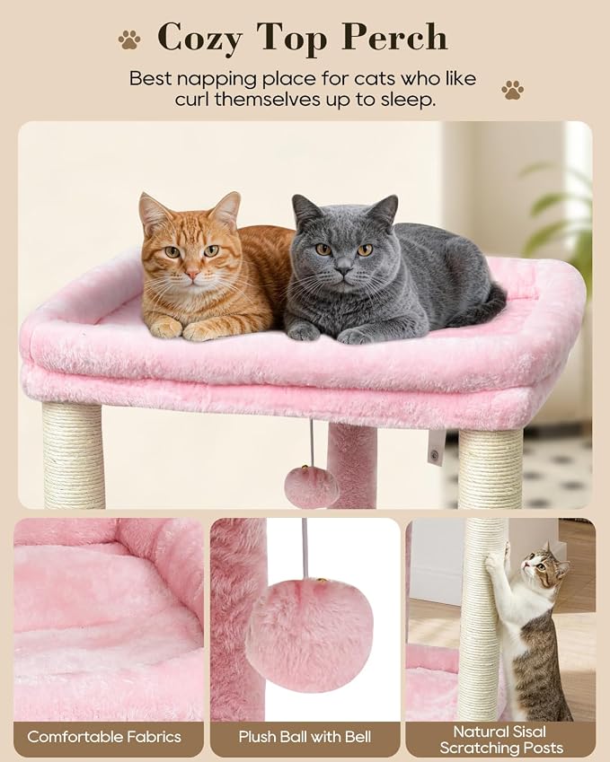 SYANDLVY Small Cat Tree for Indoor Cats with 2 Levels Perch Platforms | Natural Sisal Scratching Post Tower with Hanging Bell Ball & Anti-Tip Strap, Stable Cat Perch Furniture for Kittens, Pink