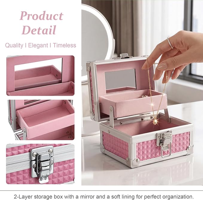Hipiwe 2-Layer Decorative Jewelry Box Pink Hair Accessories Stotage Case | Metal Jewelry Trinket Organizer Box with Mirror and Drawer for Earrings Rings Necklace, 4.7" x 3.7" x 3.1"