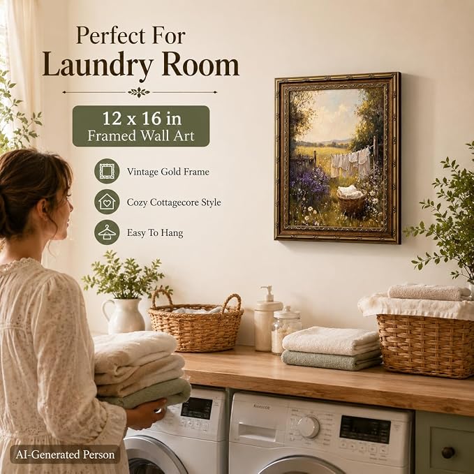 Laundry Room Wall Art, Vintage Gold Framed Farmhouse Landscape, 12x16in | Retro cottagecore country landscape with carved gold frame for laundry room, washroom, bathroom, or farmhouse home decor