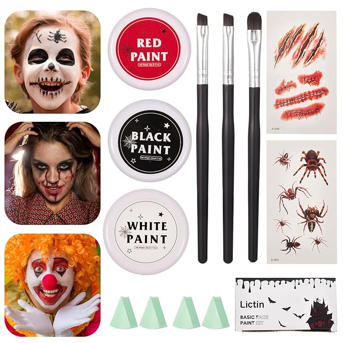 Lictin Special Effects SFX Zombie Makeup Kit, Black White Red Face Body Paint Palette with Scar Wax, Fake Blood Spray & Gel, Vampire Skeleton Clown Makeup Body Paint (12PCS)