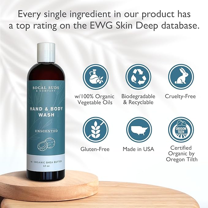 SoCal Suds & Company Organic Shea Butter Body Wash, 2-Pack – Fragrance-Free Liquid Castile Soap for Hand & Body, Moisturizing Plant-Based Organic Soap for Women, Men & Sensitive Skin (12oz Each)