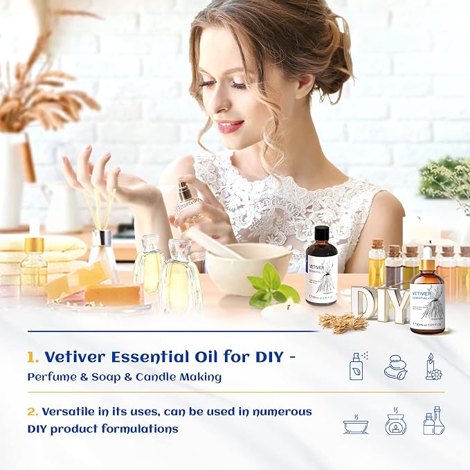 HIQILI 1 Fl Oz Vetiver Essential Oil, for Skin, Candle Making - 30ml | Suitable for Aromatherapy, Candle & Soap Making Scent, SPA, Add to Shampoo, Lip Balm - 30mL / 1 fl oz