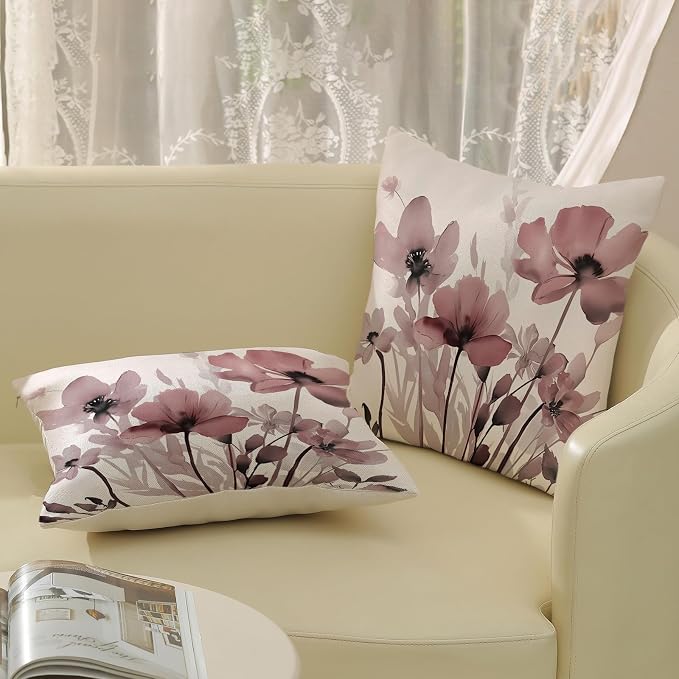 Spring Floral Pillow Covers 18x18 Inches Set of 2,Pink Floral Throw Pillow Covers Outdoor Summer Flower Decoration Pillowcase Farmhouse Decorative Square Cushion Cover for Home Couch Sofa