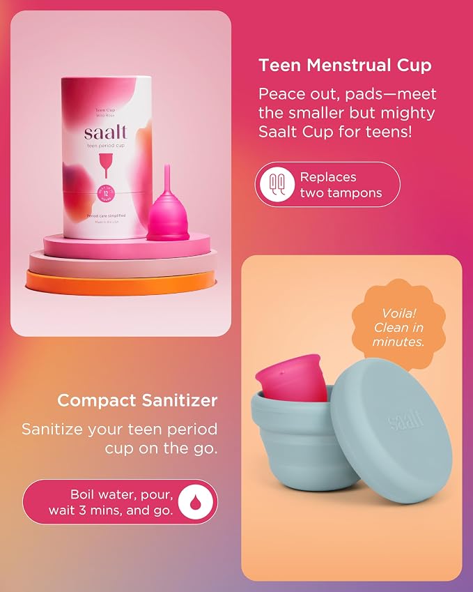 Saalt Teen First Period Kit - Includes Leakproof Period Underwear, Menstrual Cup, Menstrual Cup Wash, Compact Sanitizer, Feminine Wipes, Storage Bag, Saalt Stickers & Period Care 101 Booklet - Medium