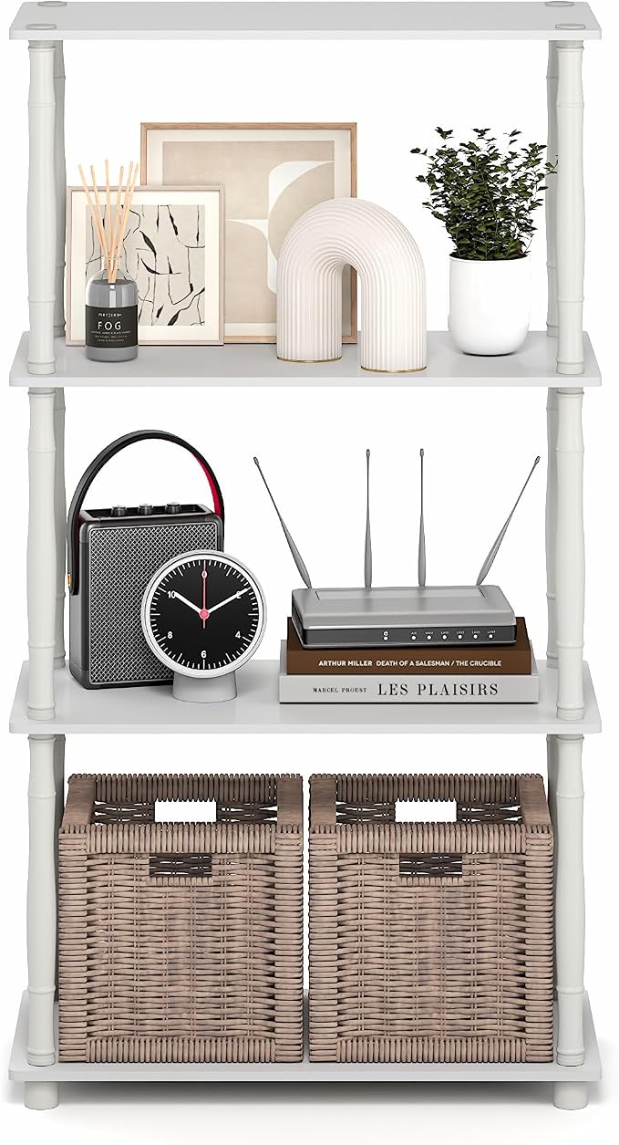 Furinno Turn-N-Tube Storage Shelves, 4-Tier Open Frame Book Shelf, Standing Corner Shelf, Toolless Open Shelves, Classic Tubes, for Organization and Storage, Living Room, Home Office, White