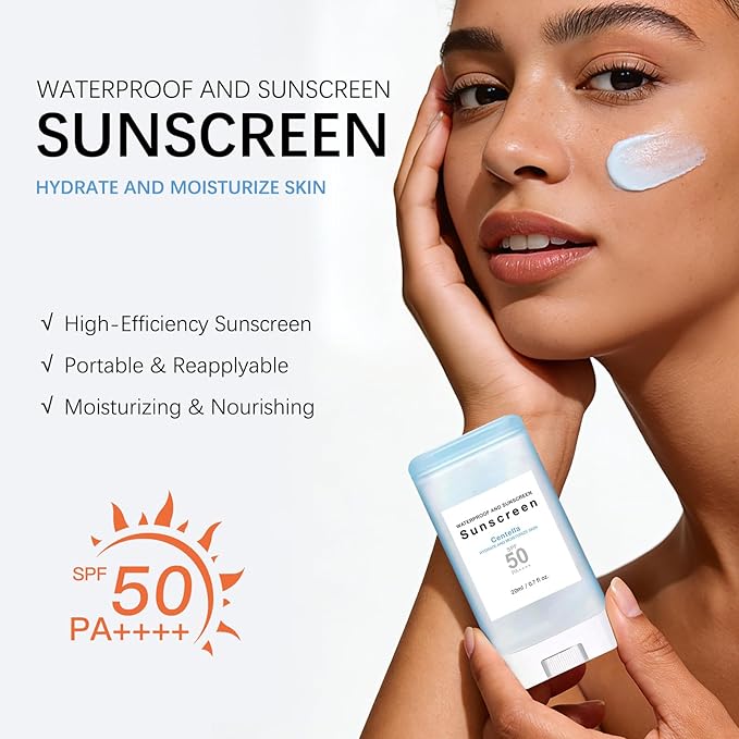 Suncream Stick with Centella SPF50+ PA++++ Moisturizing Sun Stick Waterproof Lightweight UVA UVB Protection Broad Spectrum Sunblock Sticks for Face and Body (1pc)