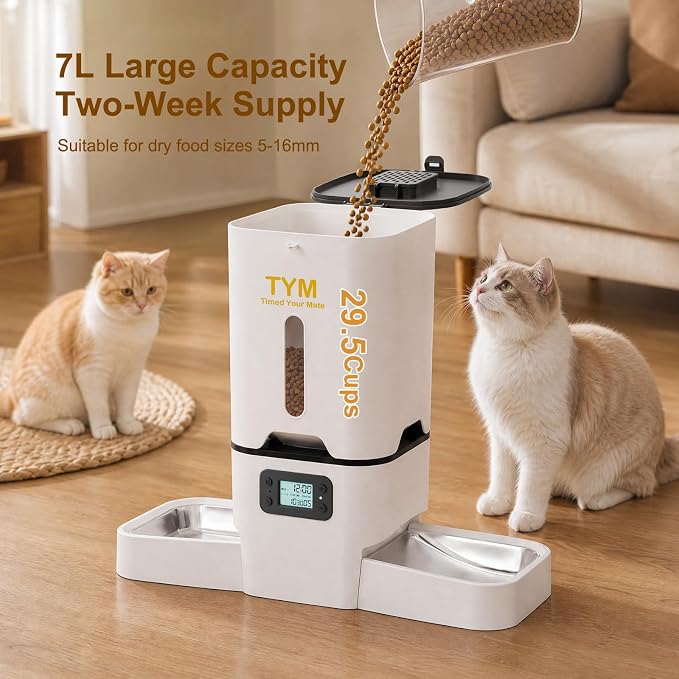 Automatic Cat Feeder 2 Cats, 7L Dry Cat Food Dispenser with Double Bowls | Multi-pet Household | Large Capacity Grain Storage Box | Anti Food Stealing | Weight / Diet Control | Fresh Food | Dual Power