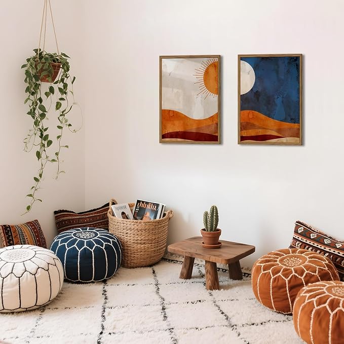 Framed Boho Sun and Moon Canvas Wall Art Set of 2, Vintage Western Desert Landscape Wall Decor Paintings, Mid Century Modern Abstract Pictures Prints Artwork for Living Room Bedroom Office 16x24 inch