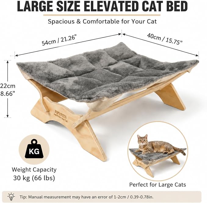 JSPYFITS Elevated Cat Bed Hammock, Raised Cat Bed with Dual-Sided Plush & Linen Cushion, Machine Washable & Breathable Cover Tool Free Easy Assembly, up to 66Lbs (Gray)