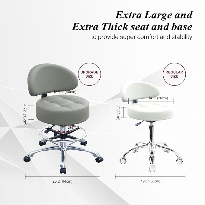 Height Adjustable Rolling Shop Stool with Back Support - Kitchen Stool with Wheels Heavy Duty for Salon, Spa, Massage, Tattoo, Esthetician - Extra Thick for Extreme Comfort