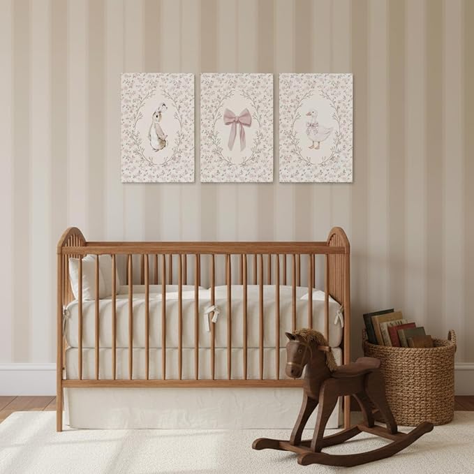 Baby Girl Nursery Wall Art Set of 3, Vintage Cottage Core Nursery Decor, Pink Bow Rabbit Goose Poster Print, Cute Floral Animal Canvas Pictures for Girls Room Kids Bedroom Framed 16x24 Inch
