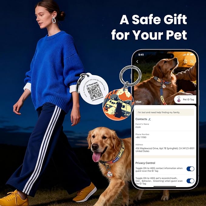 Dog Collar with QR Code ID Tag, Adjustable Pet Collar, Dark Blue, L