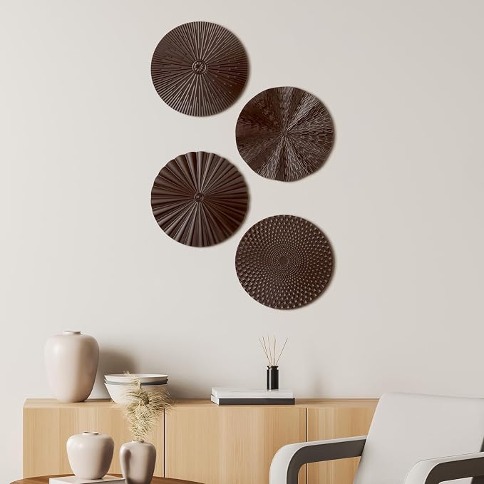 Hicarer 4 Pcs 12 Inch Brown Metal Wall Art Decor Modern Sunburst Hanging Artwork Decor Wall Decorations for Home Bedroom Bathroom Living Room Office Sculpture