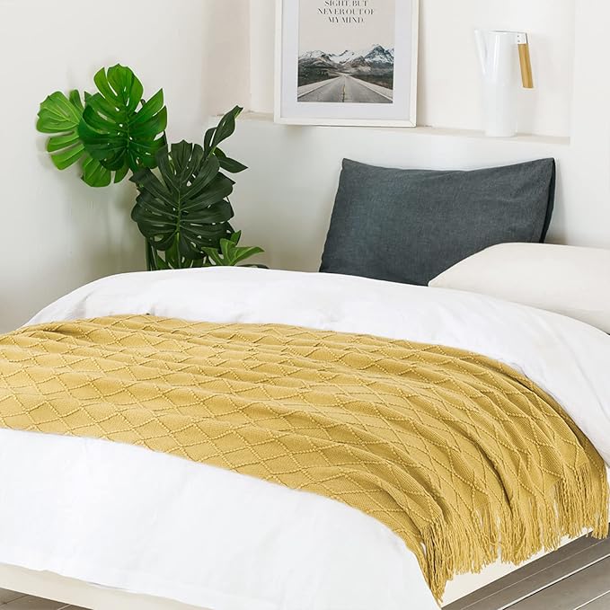 BOURINA Mustard Throw Blanket 50x60 Inch Boho Knit Soft Throw Sofa Blanket | Knitted Throw Blanket 50x60 Inches, Soft Lightweight Boho Weave Throw Decorative Couch Blanket for Living Room Bedroom Chair