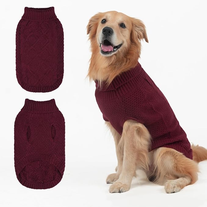 Mihachi Turtleneck Dog Sweater - Winter Coat Apparel Classic Cable Knit Clothes with Leash Hole for Cold Weather, Ideal Gift for Pet in New Year Wine Red M