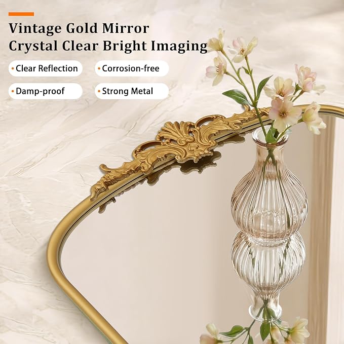 Besdomus Antique Arched Gold Mirror: 55"x36" Extra Large Decorative Mirrors | French Vintage Baroque Ornate Metal Frame for Home Renovation - Ideal for Double Vanity/Entryway/Fireplace Mantel/Living Room