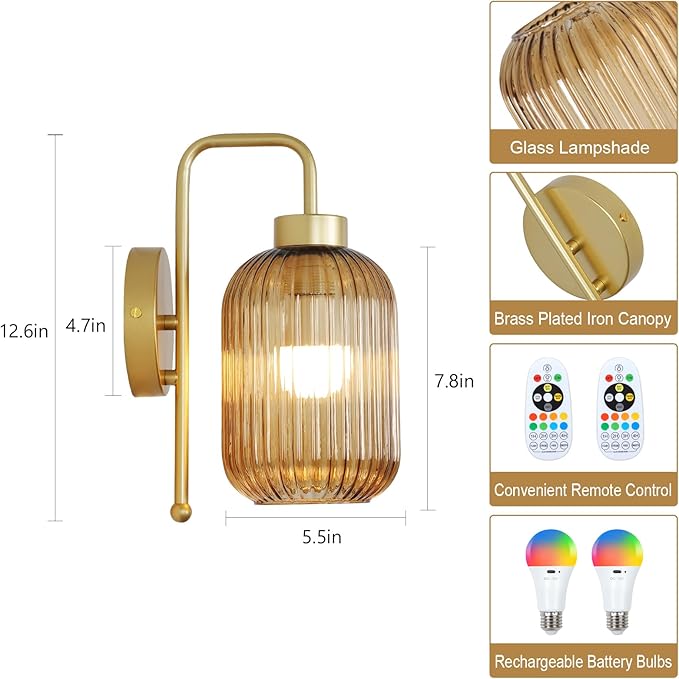 LAMSU Vintage Gold Wireless Wall Sconces Battery Operated, Rechargeable Wall Lights Set of 2 with Amber Stripe Glass Shade, Remote and Bulb, Cordless Sconces Wall Decor for Bedroom Living Room