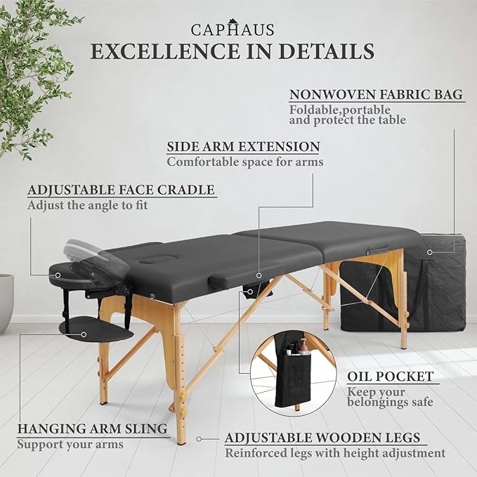 CAPHAUS 84 Inch Memory Foam Massage Table, 28 Inch Wide Foldable & Portable Massage Bed, Facial Cradle Salon Bed Wooden Legs & Carry Case, Height Adjustable Spa Bed, Black