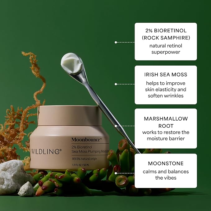 WILDLING Moonbounce 2% Bioretinol Plumping Moisturizer I Rock Samphire, Irish Sea Moss, Marshmallow Root, Moonstone I Hydrates, Boosts Elasticity, Firms I 99.5% Natural, Vegan, Cruelty Free (1.7fl oz)