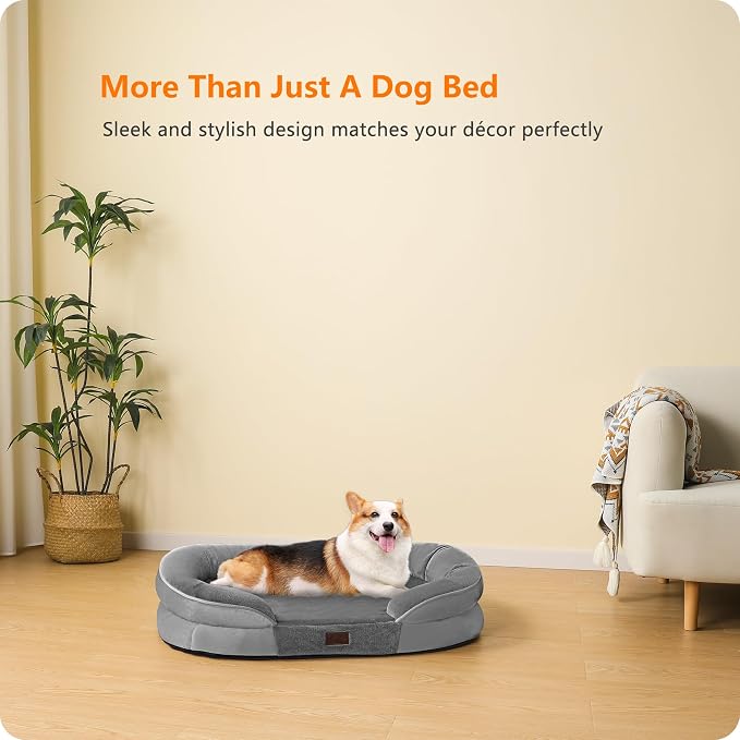 Dwanton Orthopedic Waterproof Medium Dog Bed Sofa, Gel Memory Foam, 36" | Egg-Crate Foam Dog Sofa, Washable Pet Bed with Four Sided Bolster Cushion, Removable Cover & Non-Slip Bottom, Medium Grey