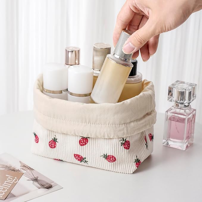 RSRSLEII Aesthetic Corduroy Drawstring Makeup Bag, Cute Coquette Drawstring Cosmetic Bag with Canvas Lining, Strawberry Pattern Travel Makeup Organizer Case for Women Girls(06 Strawberry)