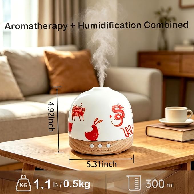 Ceramic Diffuser - 300ML Essential Oil Diffuser,Cute Porcelain Design, Quiet Cool Mist, 4 Timer Modes, Auto Shut-Off, Night Light for Bedroom and Home