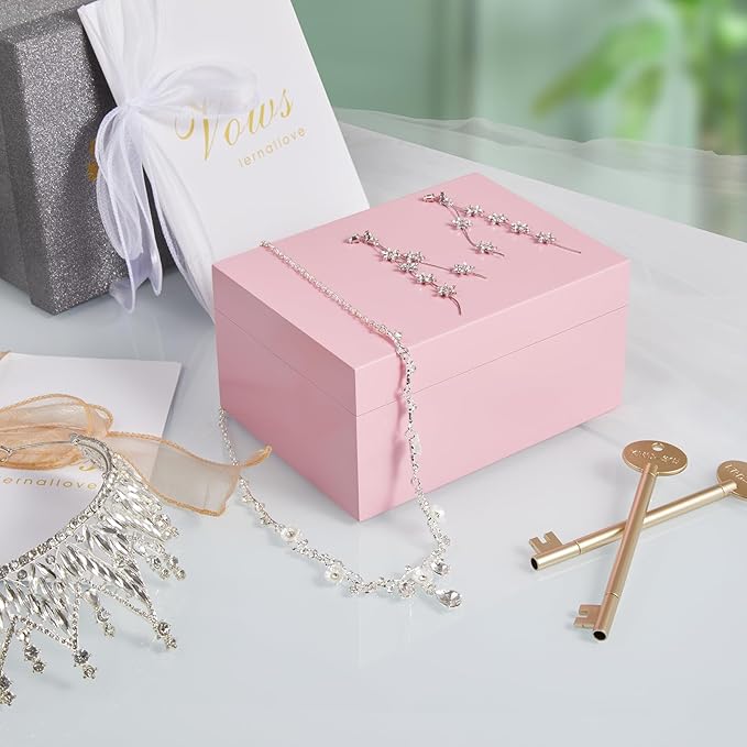 DRASTAR Wooden Box, Small Keepsake Box, Memory Box for Keepsakes, Cute Jewelry Box, Wedding Memory Box with Lids, Pink Decorative Box