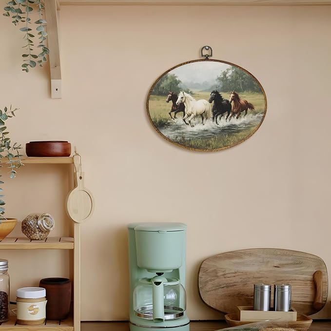 LKETW Vintage Horse Oval Wall Art Decor, Rustic Farmhouse Equestrian Oval Canvas Hanging Decor, Wild Horse Running Wall Decorations for Home Bedroom Living Room, 11.4x8.6 Inch