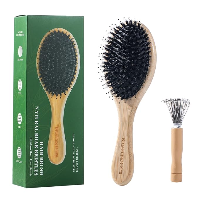 BlueForest Era Hair Brush, Boar & Nylon Bristle Hair Brushes for Women Men Kids, Natural Bamboo oval Paddle Handle Hairbrush for Wet or Dry Hair Adds Shine and Smoothing Massaging Detangling