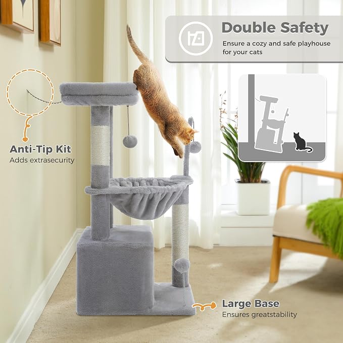 PEQULTI 4-in-1 Cat Activity Tree for Kittens & Small Cats, 33in Grey Tower | Compact 33in cat tower: deep hammock, cozy condo, top perch, sisal post; removable washable cover; wide base for small cats