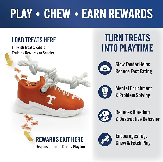 NCAA Tennessee Volunteers Cleat Sneaker Spike Dog Toy, Treat Dispenser Chew Toy for Dogs, Interactive Rope Tug Toy, Slow Feeder Natural Rubber Dog Toy with Official Team Logo for Puppies & Adult Dogs