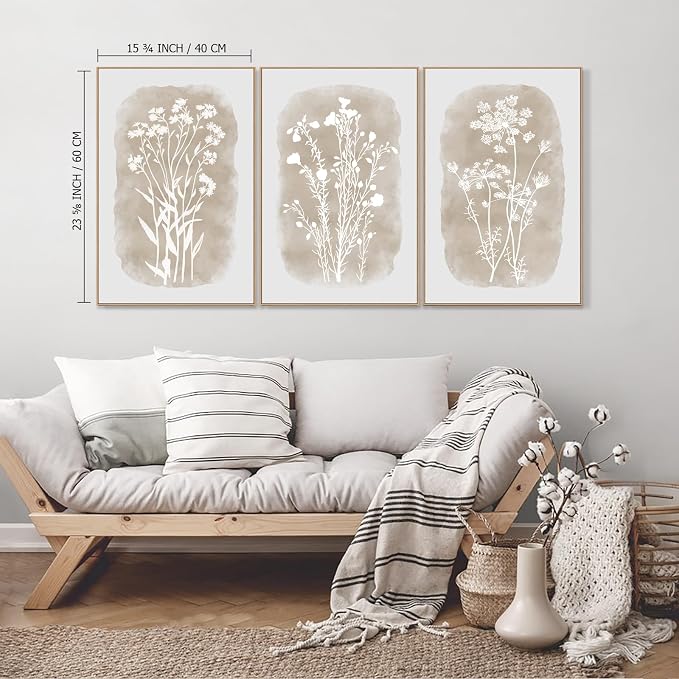 SAFERRYHOME Neutral Wildflower Beige Botanical Wall Art, 3 Panels,16x24 Inch