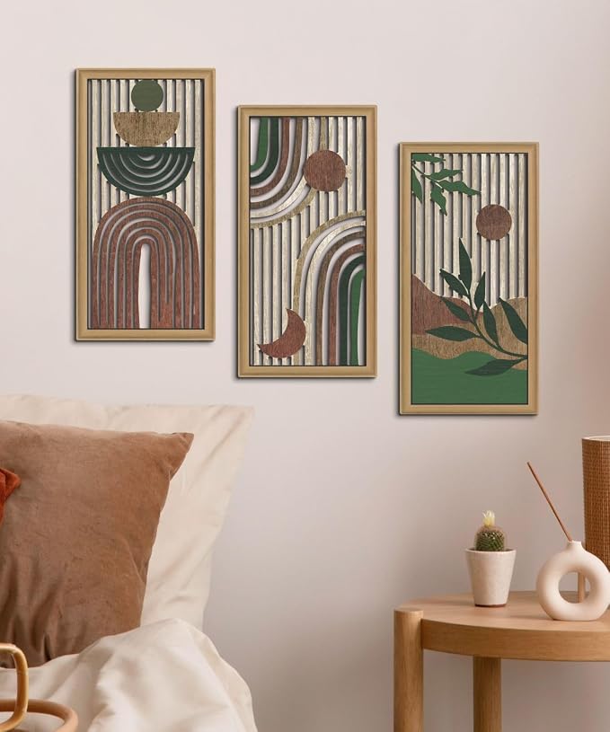 Putuo Decor Boho Wall Art Set of 3 Modern Minimalist Wooden Wall Decor Abstract Earth Tone Room Decorations Mid Century Artwork for Living Room Bedroom Office in Earthwood Canyon 16.5 x 8.6 Inch